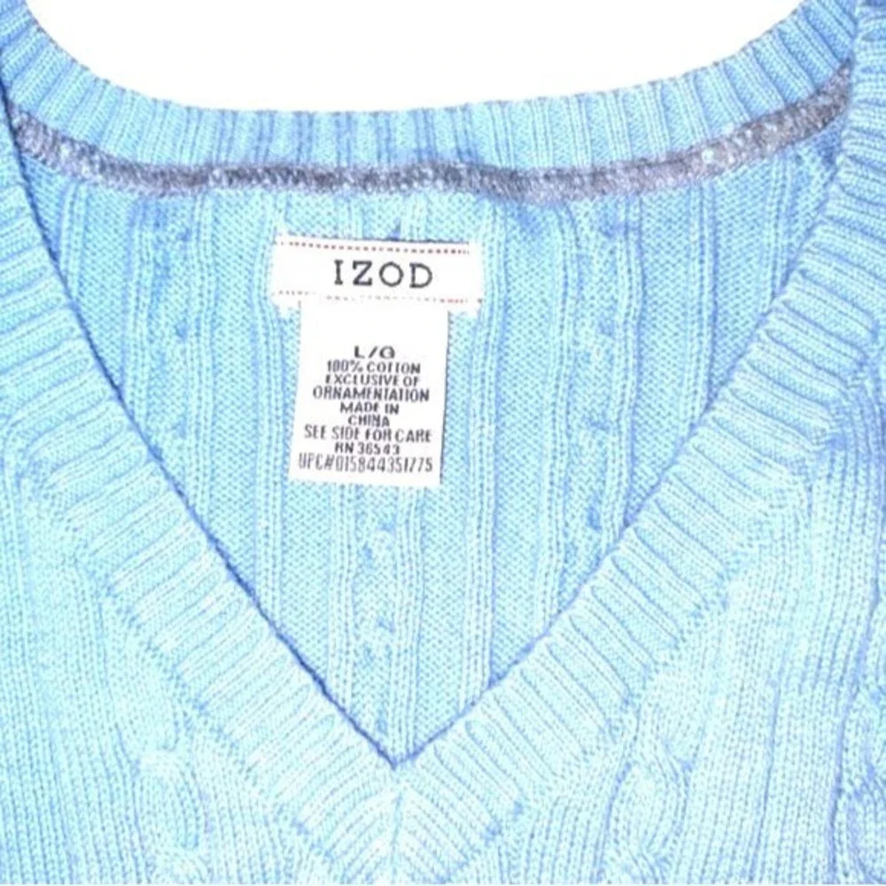 Izod Pastel Blue V-Neck Cable Knit Sweater‎ Size Large